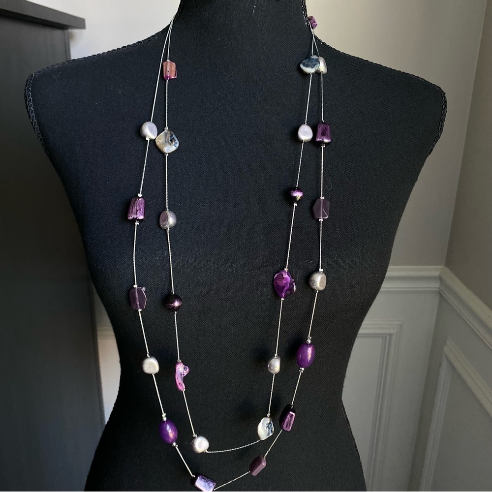 Long Double Strand Purple & Silver Bead Necklace & Earring Set‎